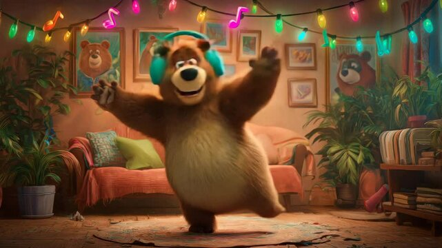 Happy Bear Grooving to Music in a Cozy Room
