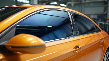 Side view of car window tint, ceramic film provides heat rejection and UV protection with stable color, car film installed on the glass surface of the , selected focus car tinting service