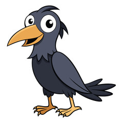 Cheerful cartoon crow with big eyes smiles and looks off to the side