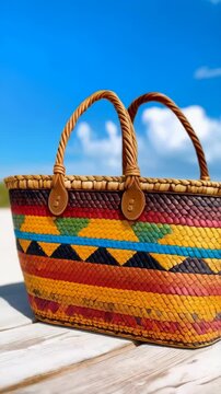 Woven straw beach tote bag with colorful ethnic geometric pattern on a wooden boardwalk against a bright blue sky with cumulus clouds