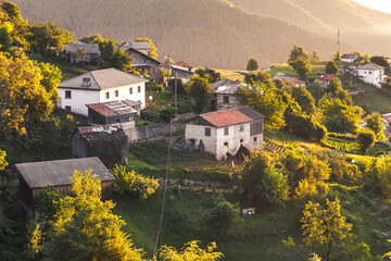 Potatoes garrdens in a small mountain village early at morning