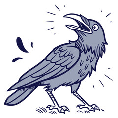 Loud gray crow is squawking with its beak open towards the sky