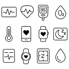 Healthcare Monitoring Icons – Black & White Outline Medical Vector Set