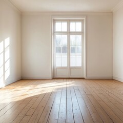 Sunlit empty room with hardwood floor and large window (7)