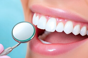 patient admiring her perfect smile after dental implant treatment holding mirror in hand