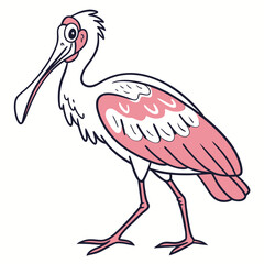Cartoon roseate spoonbill stands gracefully with its long spoon shaped bill, a unique bird