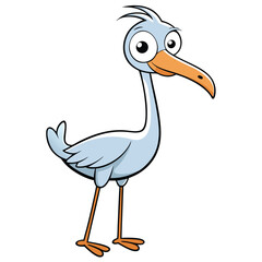 Cartoon stork with thin orange legs and beak stands against white backdrop