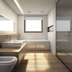 Modern minimalist bathroom with wood flooring, a free-standing bathtub, and a sleek sink
