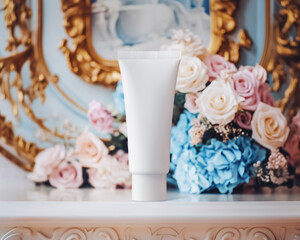 White cosmetic tube stands in rococo style interior. Horizontal mockup of girl's cream for sensitive skin. Matte plastic packaging pink and blue flowers in background, gilded decorative elements