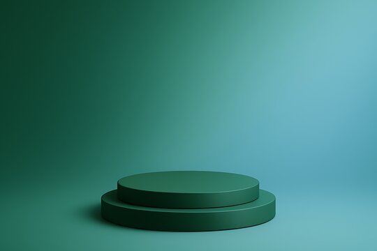 A two tiered circular platform in shades of green against a green backdrop