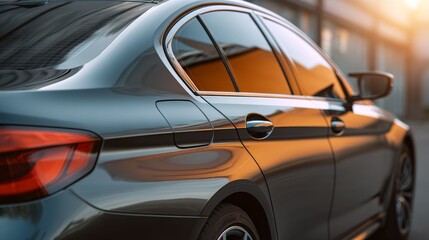 Side view of car window tint, ceramic film provides heat rejection and UV protection with stable color, car film installed on the glass surface of the , selected focus car tinting service