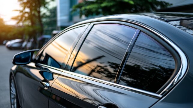 Side view of car window tint, ceramic film provides heat rejection and UV protection with stable color, car film installed on the glass surface of the , selected focus car tinting service
