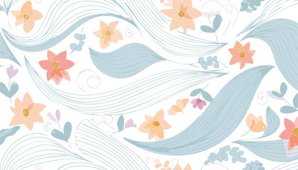 Naklejka premium Simple Abstract Floral Seamless Pattern with Hand-Drawn Botanical Flowers and Leaves – Minimal Vector Design