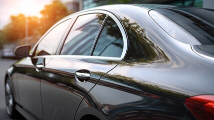 Side view of car window tint, ceramic film provides heat rejection and UV protection with stable color, car film installed on the glass surface of the , selected focus car tinting service