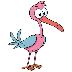 Cartoon stork stands with wide eyes featuring pink and blue with an outline
