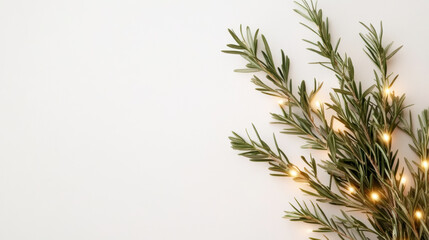 Minimalist christmas decoration with evergreen branch and warm led string lights on white background