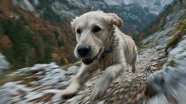 Golden Retriever Running Downhill on a Mountain Trail with Motion Blur Capturing Speed and Energy
