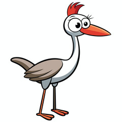 The cartoon bird with feathers on its head stands on a white background