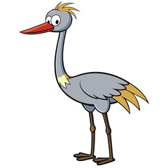 Cartoon stork stands looking calmly with its red beak and grey feathers