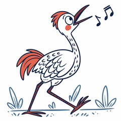 Cartoon stork walks and sings a cheerful song with notes floating in the air