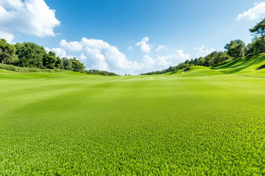 Lush green golf course landscape on a sunny day with clear blue skies and verdant rolling hills