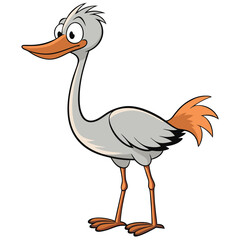 Cartoonish gray stork looks attentively as he stands against a clean white background