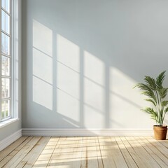 Obraz premium Sunlit minimalist room with hardwood floor, large window, and potted plant