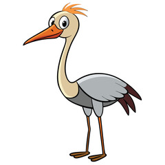 Cheerful cartoon stork stands tall with its orange beak and feather on white