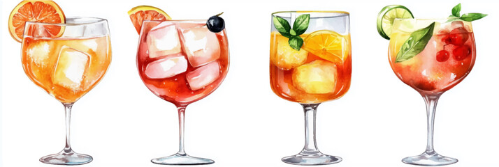 Vector illustration of a set of glasses with summer cocktails, watercolor on a white background