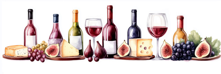 Vector illustration of wine and cheese watercolor clipart, on white background. Banner
