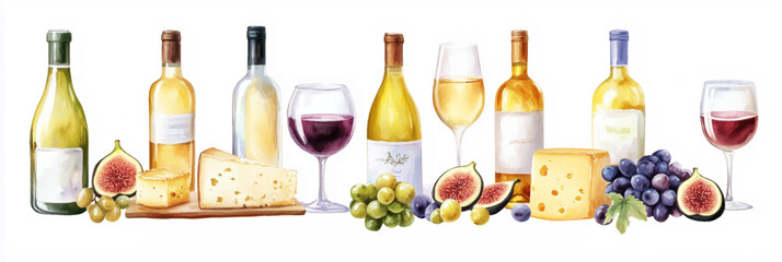 Vector illustration of wine and cheese watercolor clipart, on white background. Banner
