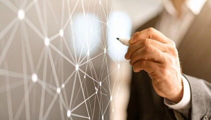 Network communication concept. Businessman drawing network structure on chalkboard