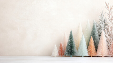 Minimalist pastel christmas trees arranged on a light background with frosted branches, evoking winter holiday decor in a modern festive