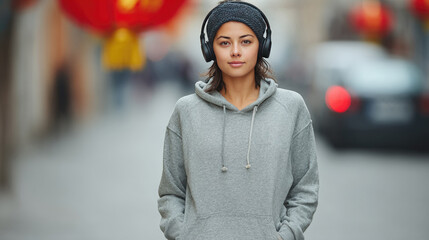 Young Woman Enjoying Music with Headphones in Urban Street Setting