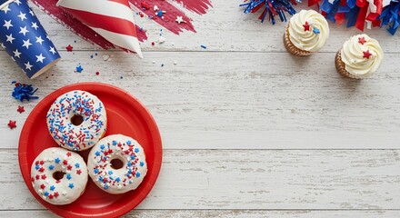 American Independence Day Overhead Background with Flag, Festive Decor, and Holiday Snacks on Wood Surface