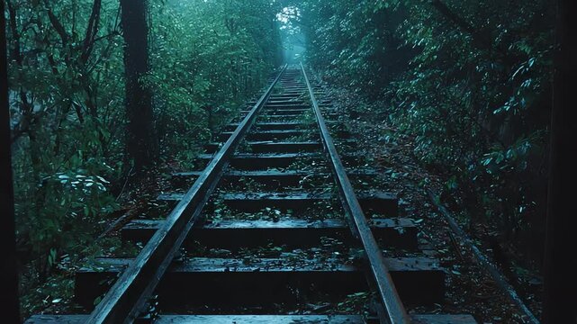 Dark, rain-soaked train tracks through woods.