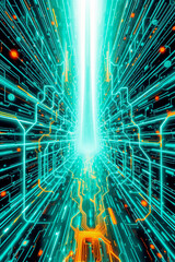 Futuristic digital circuit with glowing lines and bright light in blue and orange colors