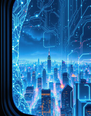 Futuristic cityscape with glowing digital circuits and illuminated skyscrapers at night