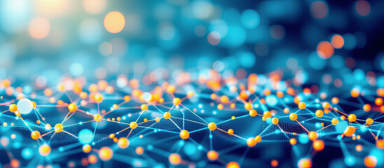 Abstract network connection with glowing nodes and lines in blue and orange colors