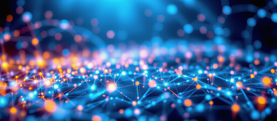Digital network with glowing nodes and connections blue and orange lights creating futuristic