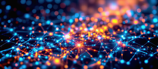 Neural network connection with glowing nodes and lines in blue and orange colors