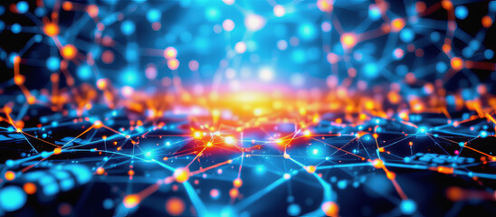 Digital network connection with glowing nodes and lines in blue and orange colors