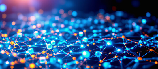 Glowing network of interconnected nodes and lines blue and orange lights creating futuristic