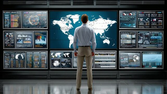 Mastering the Digital Realm: A lone figure stands before a massive screen, surveying the intricate digital landscape, a symbol of technological prowess and data analysis