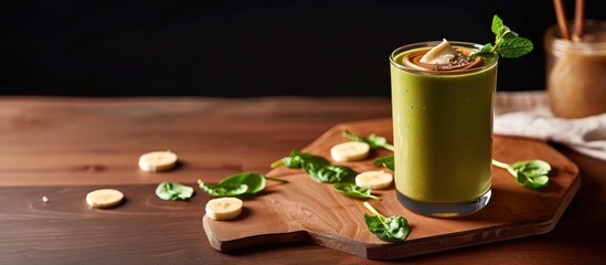 Crafting a vibrant green kefir smoothie with spinach and banana in moody lighting