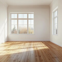 Sunlit empty room with hardwood floors and large windows offering a view of autumnal trees