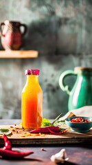 Rustic kitchen display of homemade fermented chili sauce in warm natural light