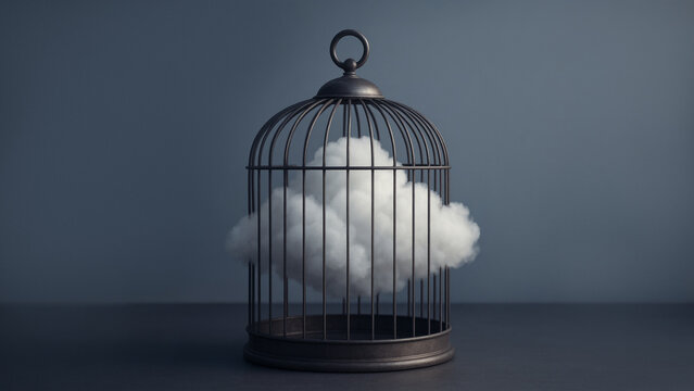 visual metaphor showing a soft cloud trapped in a birdcage, symbolizing constrained freedom, imagination and the fragility of dreams