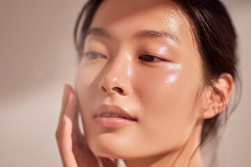 Close-up of an individual with radiant skin illuminated by sunlight, displaying a natural beauty look with a fresh and dewy complexion.
