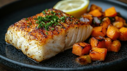 Grilled fish filet with roasted sweet potatoes